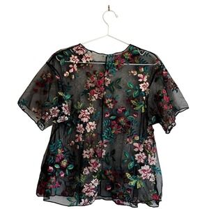 Kimchi Blue Sheer Embroidered Floral Mesh Top – Black – Size XS